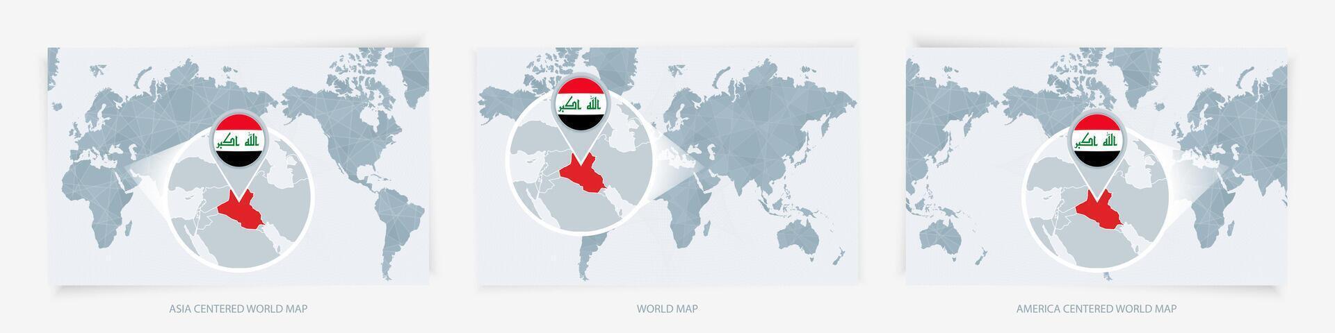 Three versions of the World Map with the enlarged map of Iraq with flag. vector