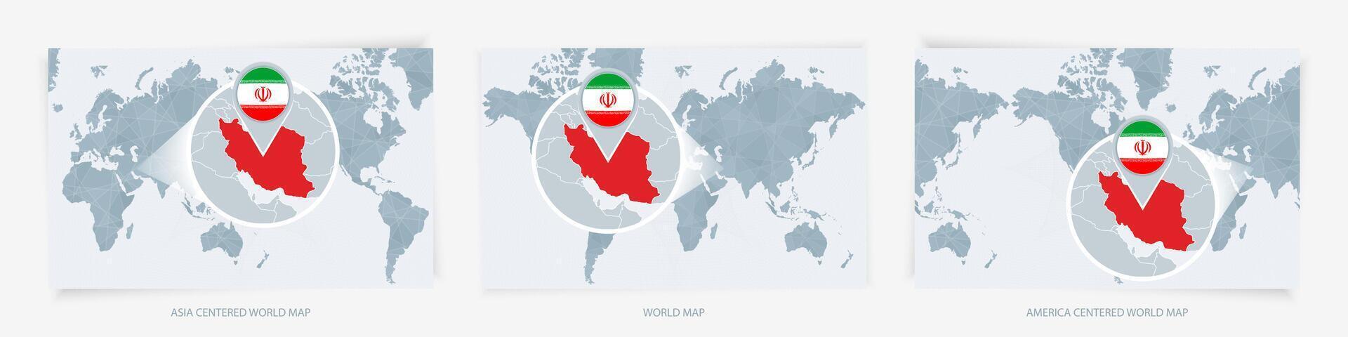 Three versions of the World Map with the enlarged map of Iran with flag. vector