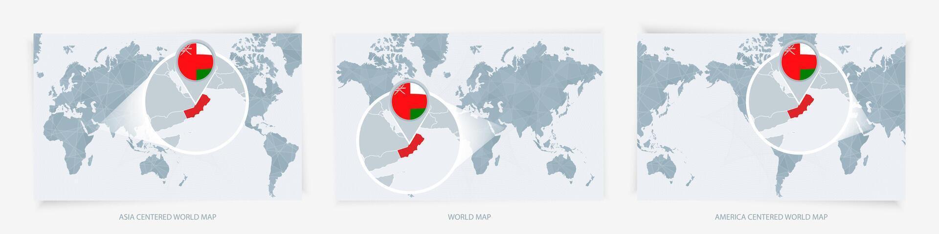 Three versions of the World Map with the enlarged map of Oman with flag. vector