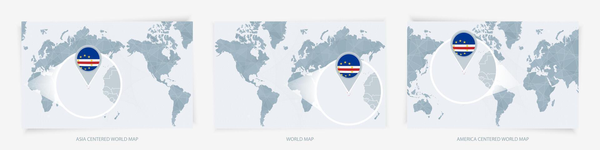 Three versions of the World Map with the enlarged map of Cape Verde with flag. vector