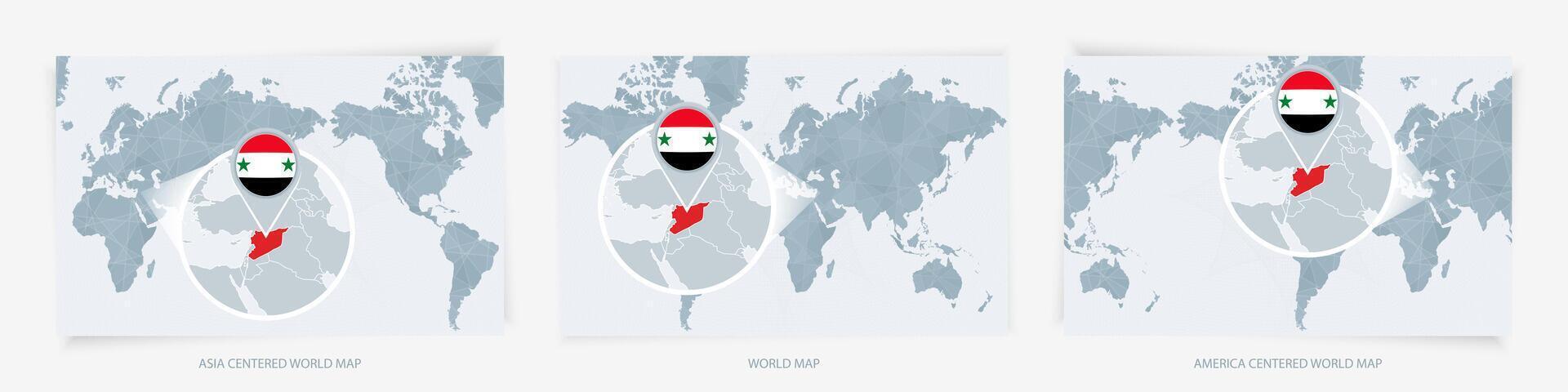 Three versions of the World Map with the enlarged map of Syria with flag. vector