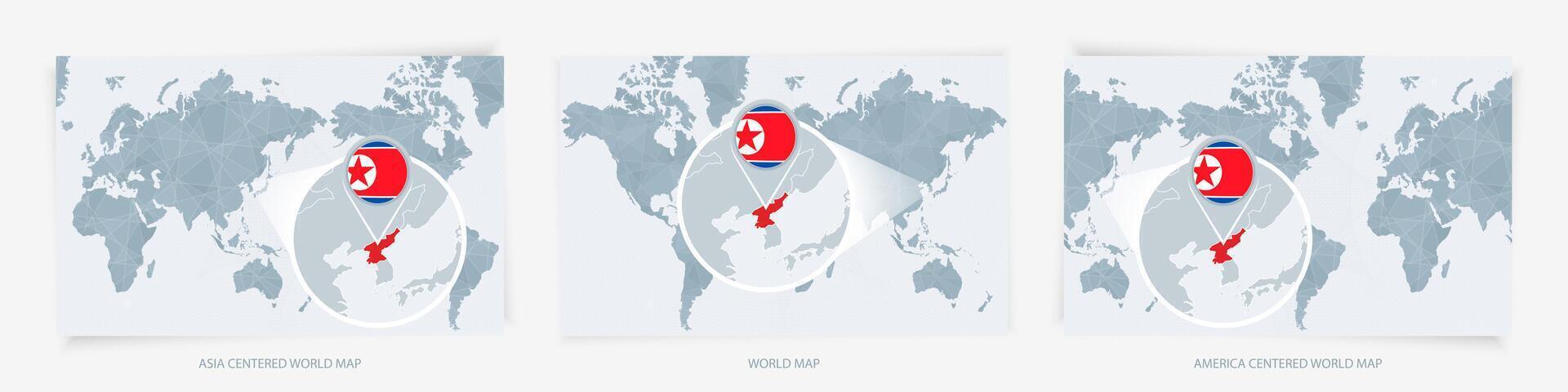 Three versions of the World Map with the enlarged map of North Korea with flag. vector