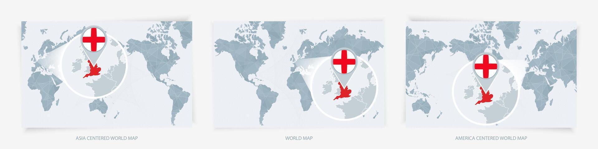 Three versions of the World Map with the enlarged map of England with flag. vector