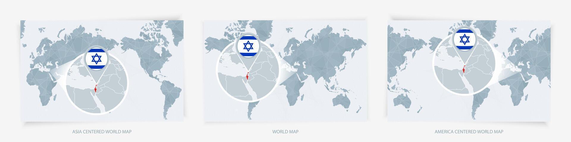 Three versions of the World Map with the enlarged map of Israel with flag. vector