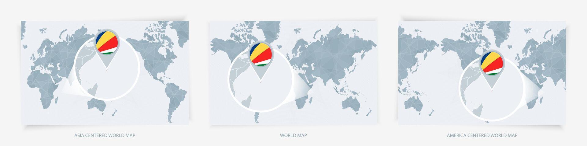 Three versions of the World Map with the enlarged map of Seychelles with flag. vector