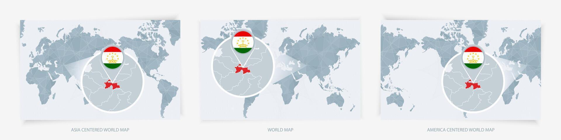 Three versions of the World Map with the enlarged map of Tajikistan with flag. vector