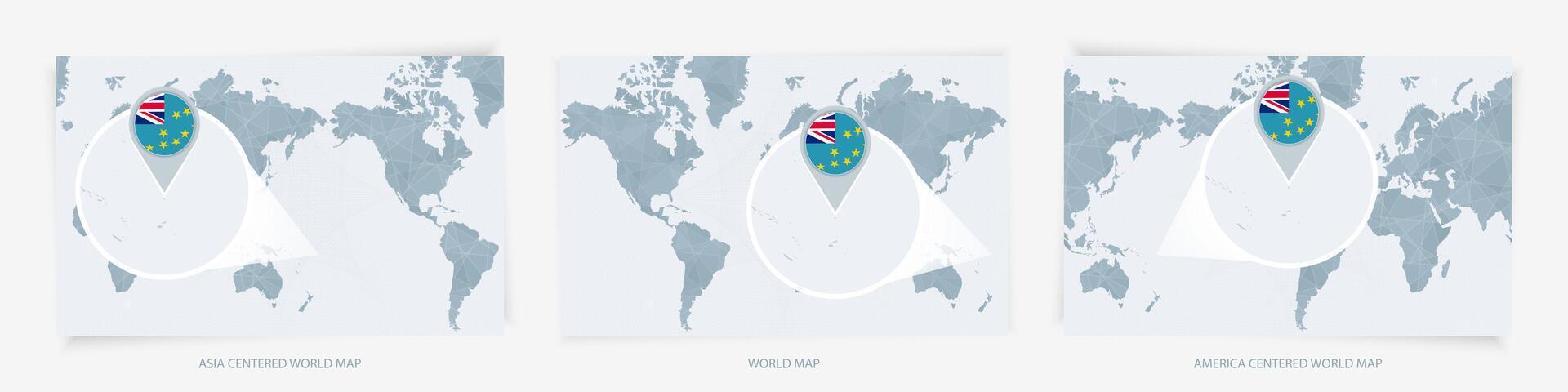 Three versions of the World Map with the enlarged map of Tuvalu with flag. vector