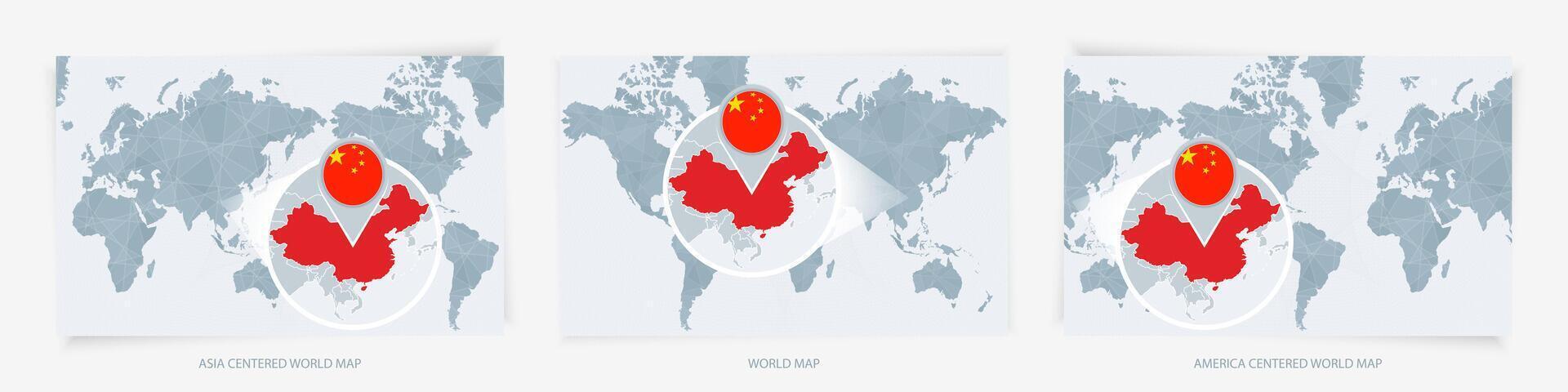 Three versions of the World Map with the enlarged map of China with flag. vector