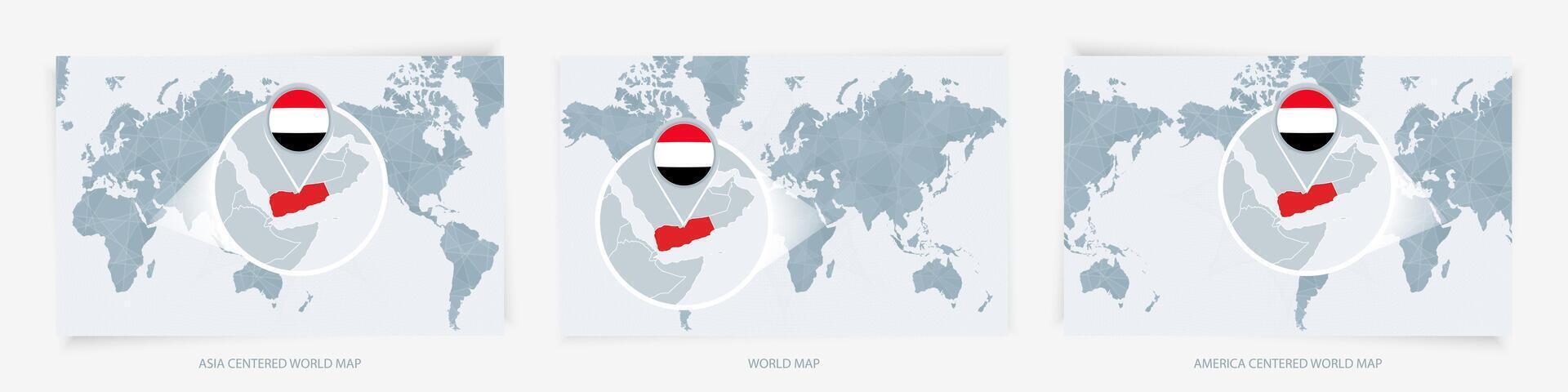 Three versions of the World Map with the enlarged map of Yemen with flag. vector