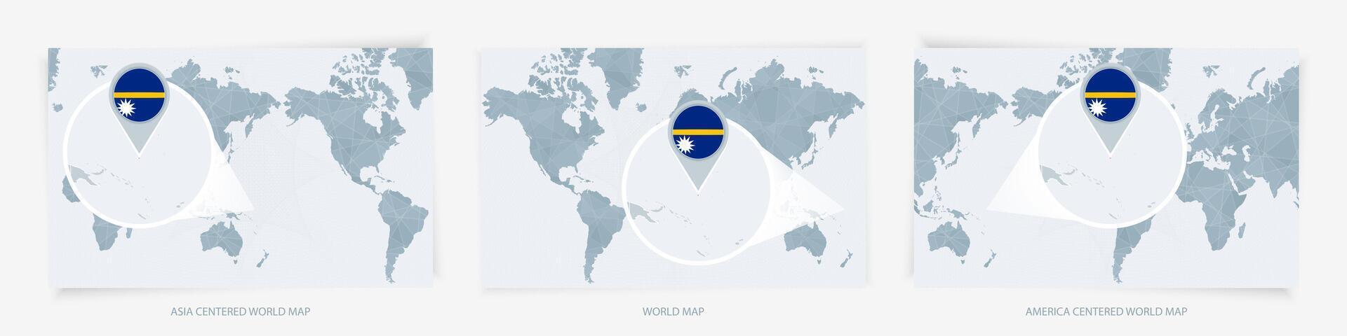 Three versions of the World Map with the enlarged map of Nauru with flag. vector