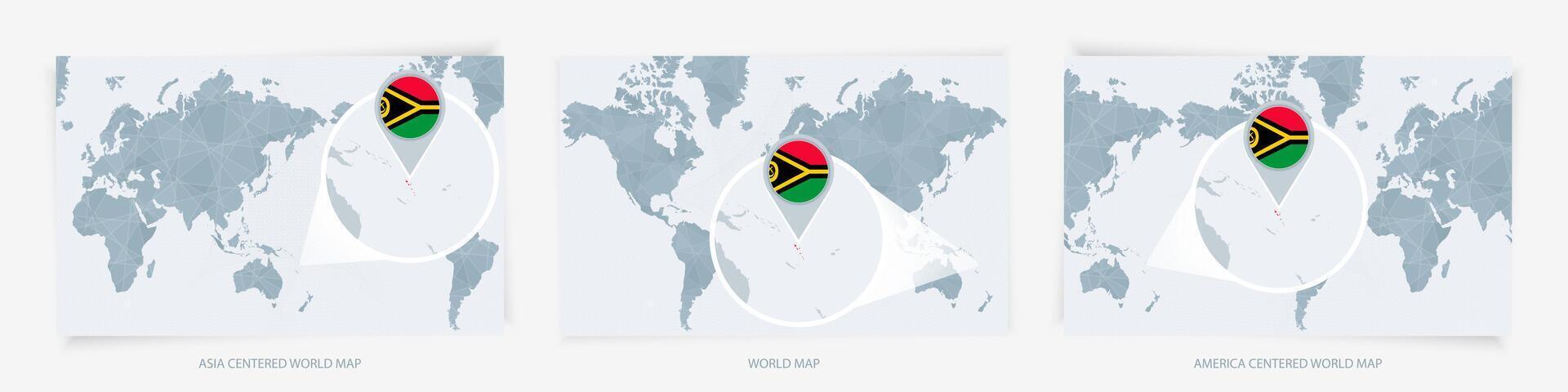 Three versions of the World Map with the enlarged map of Vanuatu with flag. vector