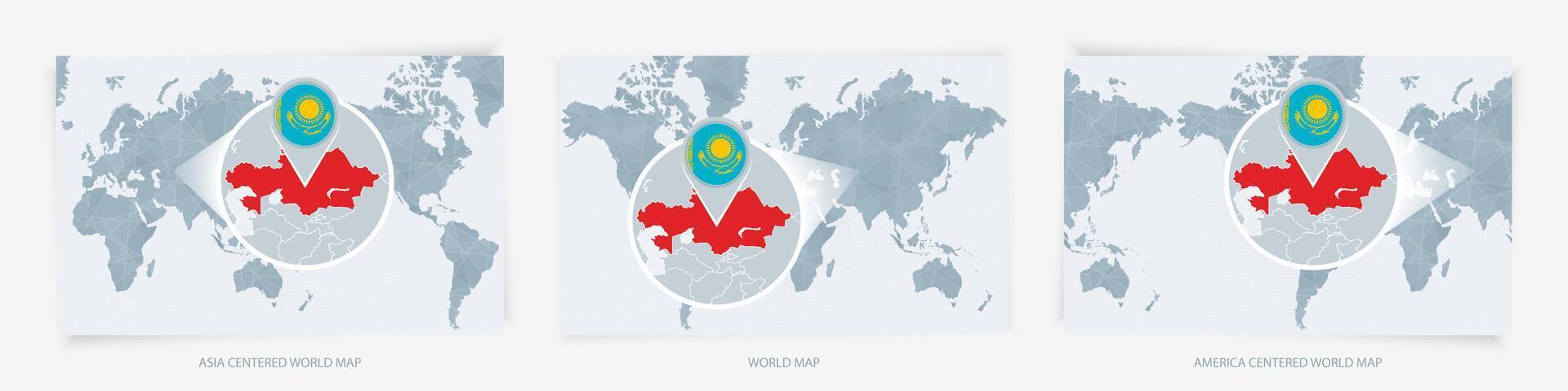 Three versions of the World Map with the enlarged map of Kazakhstan with flag. vector