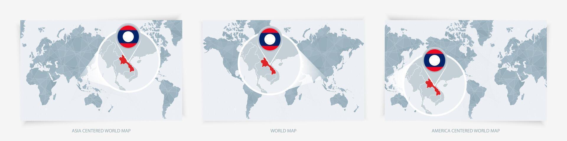 Three versions of the World Map with the enlarged map of Laos with flag. vector