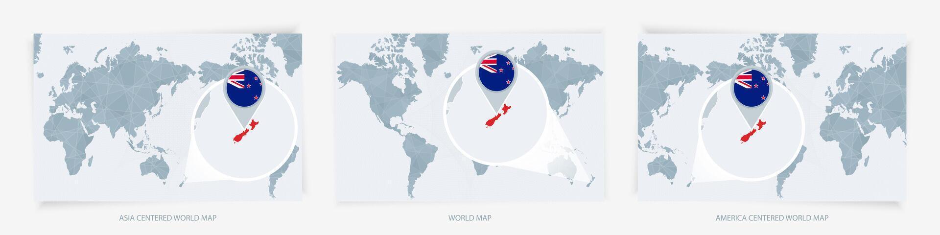 Three versions of the World Map with the enlarged map of New Zealand with flag. vector