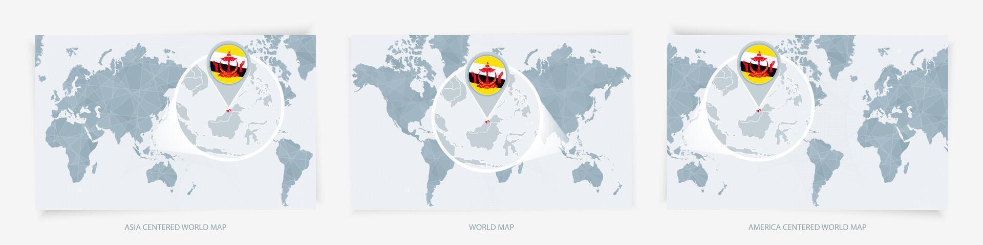 Three versions of the World Map with the enlarged map of Brunei with flag. vector