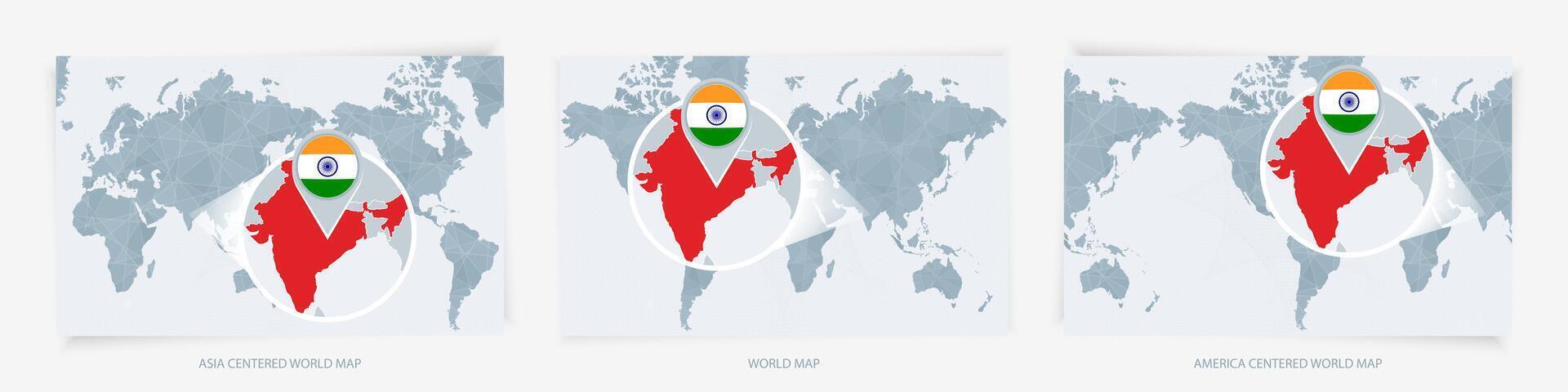 Three versions of the World Map with the enlarged map of India with flag. vector