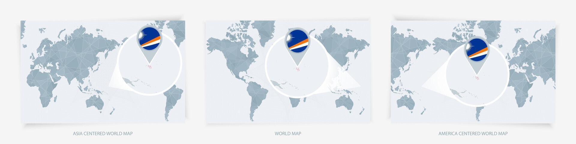 Three versions of the World Map with the enlarged map of Marshall Islands with flag. vector