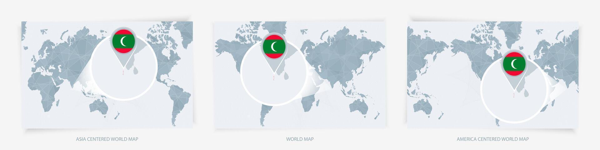 Three versions of the World Map with the enlarged map of Maldives with flag. vector