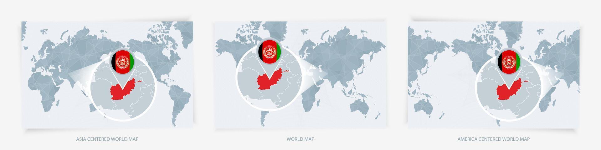 Three versions of the World Map with the enlarged map of Afghanistan with flag. vector