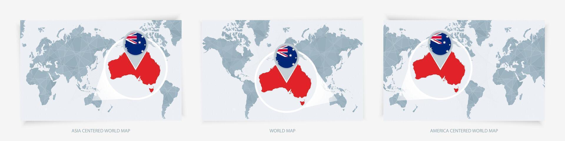 Three versions of the World Map with the enlarged map of Australia with flag. vector