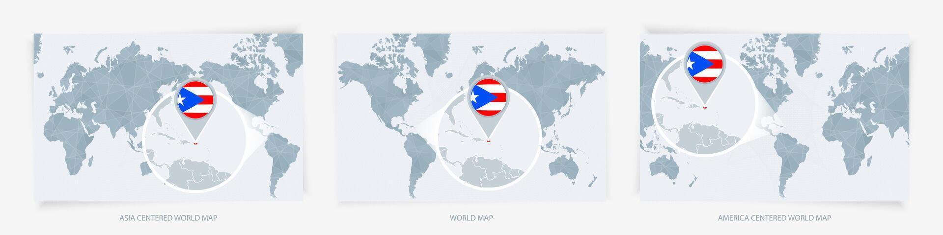 Three versions of the World Map with the enlarged map of Puerto Rico with flag. vector
