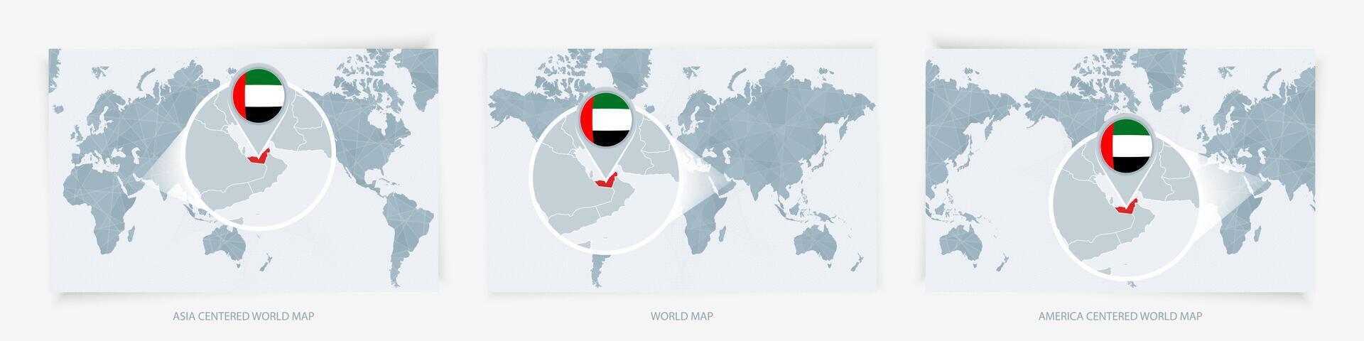 Three versions of the World Map with the enlarged map of United Arab Emirates with flag. vector