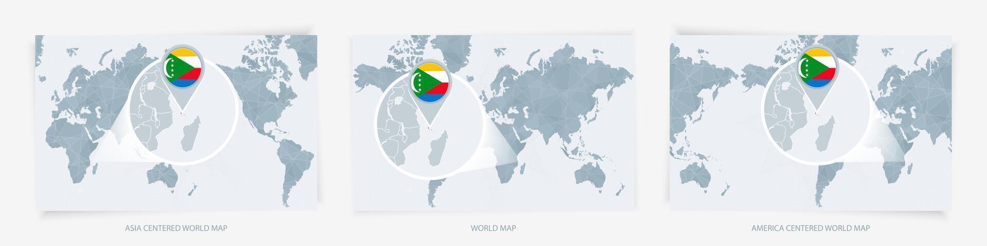 Three versions of the World Map with the enlarged map of Comoros with flag. vector