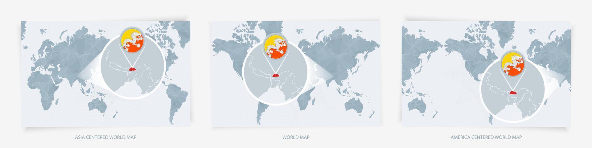 Three versions of the World Map with the enlarged map of Bhutan with flag. vector