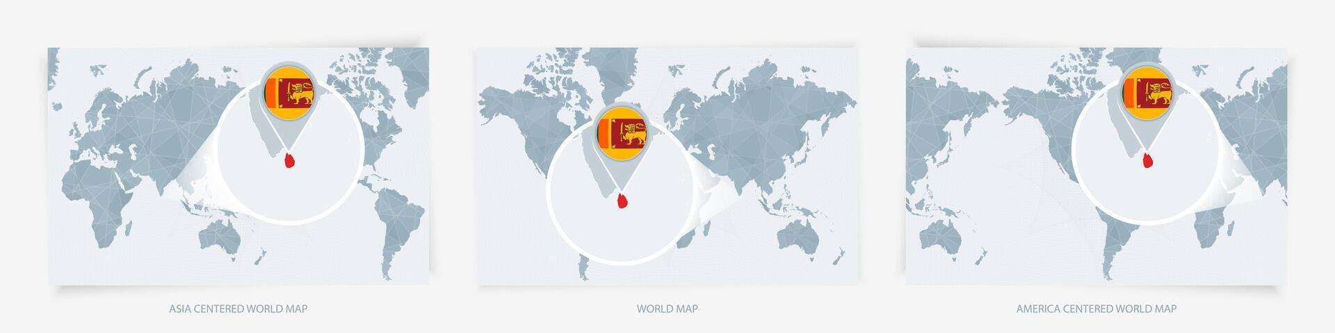 Three versions of the World Map with the enlarged map of Sri Lanka with flag. vector