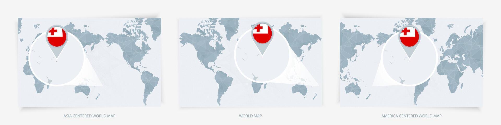 Three versions of the World Map with the enlarged map of Tonga with flag. vector