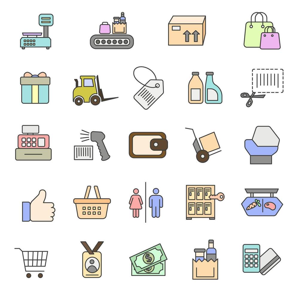Collection of flat color icons with dark outline for shopping. Set of shopping icons. vector