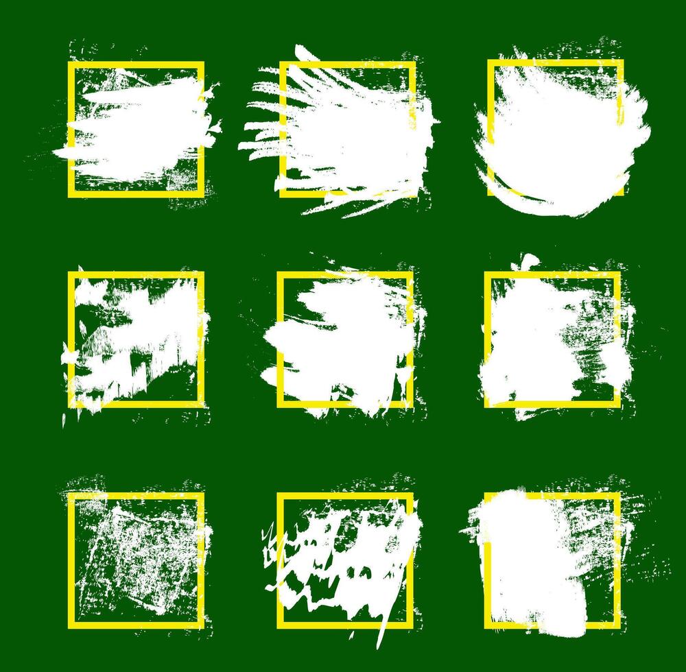 White ink brush in yellow square frame. White strokes on green background. Artistic illustrations. vector