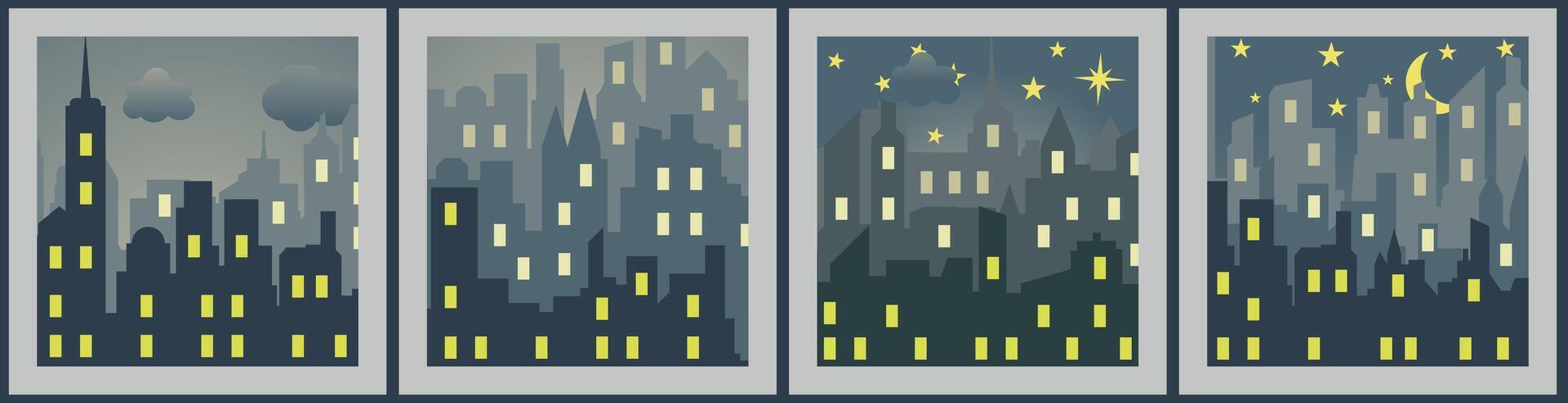 Silhouette of a night city with a bright moon and stars in the sky. Silhouette of a night sky city. vector