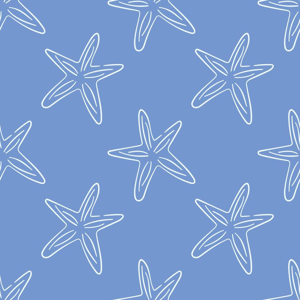 Seamless starfish pattern in line art style on a blue background. Ideal for marine theme, beach design, textile, wrapping, wallpaper and summer inspired project. vector