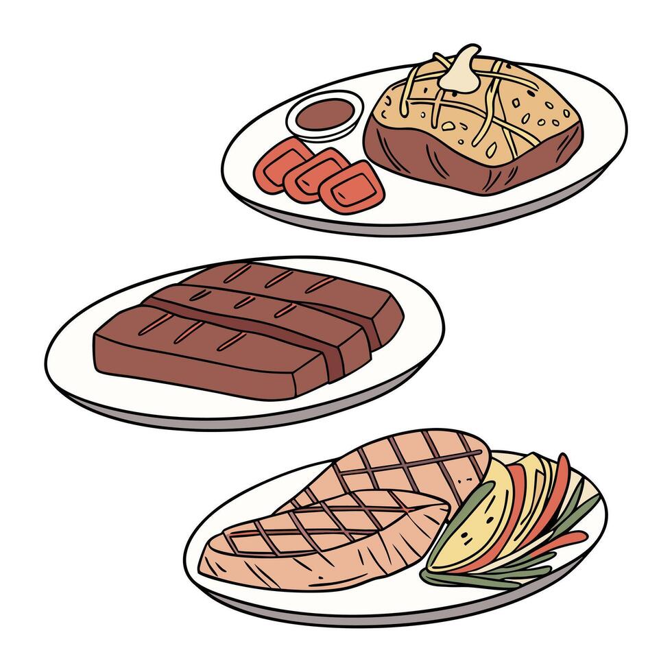 Three plates with meat and vegetables vector