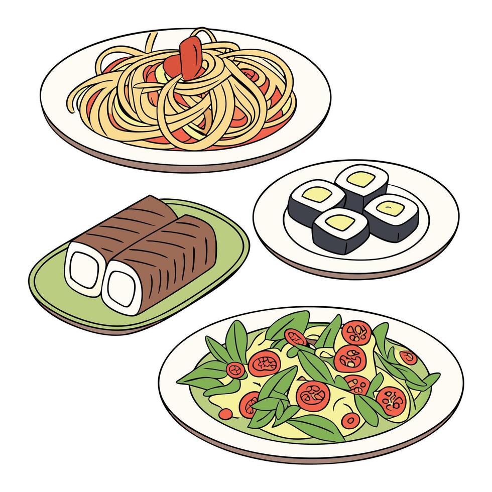 A set of plates with food on them vector