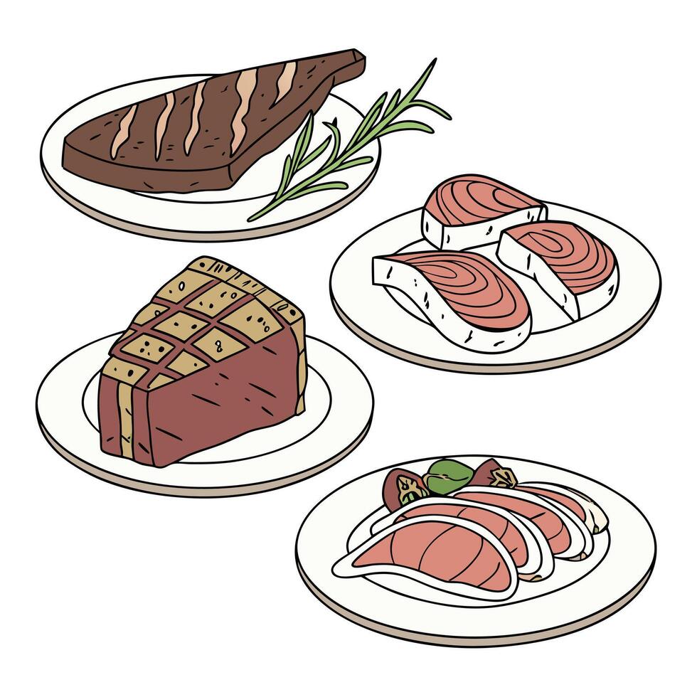 Illustration of steak, salmon, and vegetables vector
