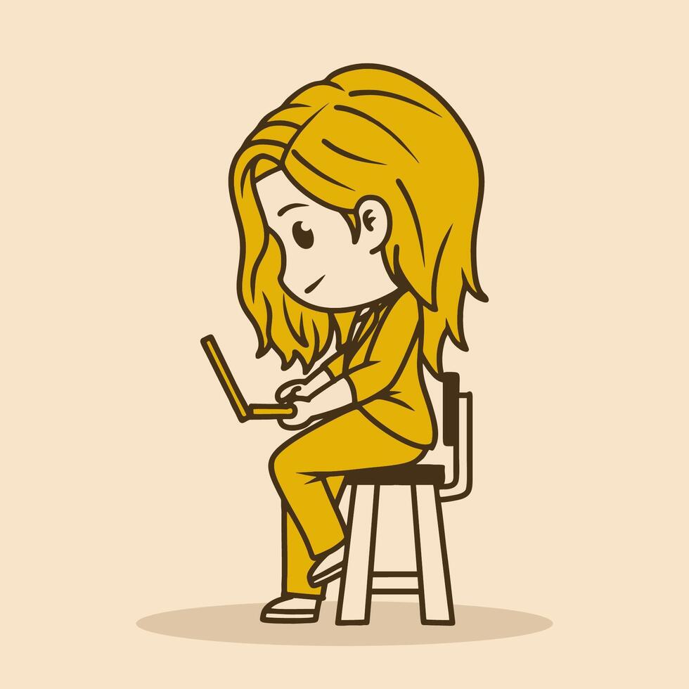 chibi illustration of a woman sitting on a chair operating a laptop, in retro colors vector
