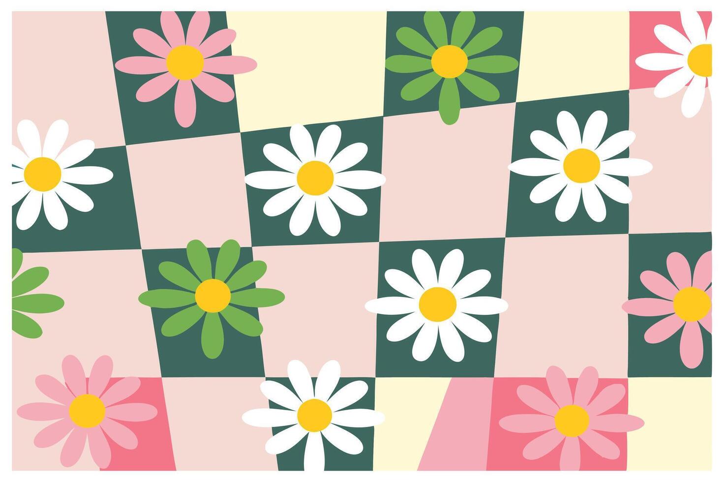 Vintage Floral Checkerboard Design in Retro Style with White Background vector