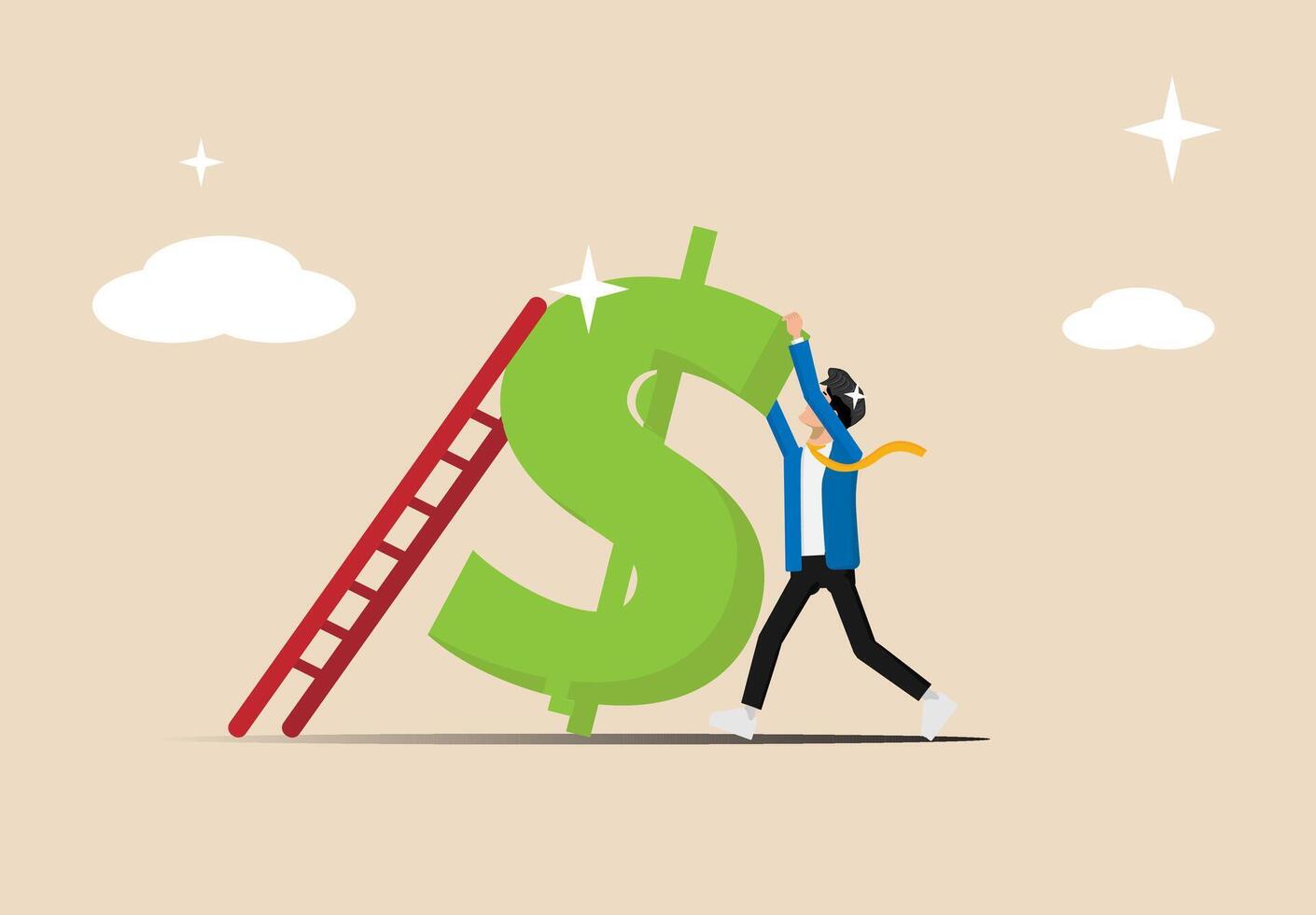Money ladder to achieve financial independence goals, entrepreneurs start climbing the ladder to the top of the dollar bill, challenges to achieve investment targets or wealth planning strategy concep vector