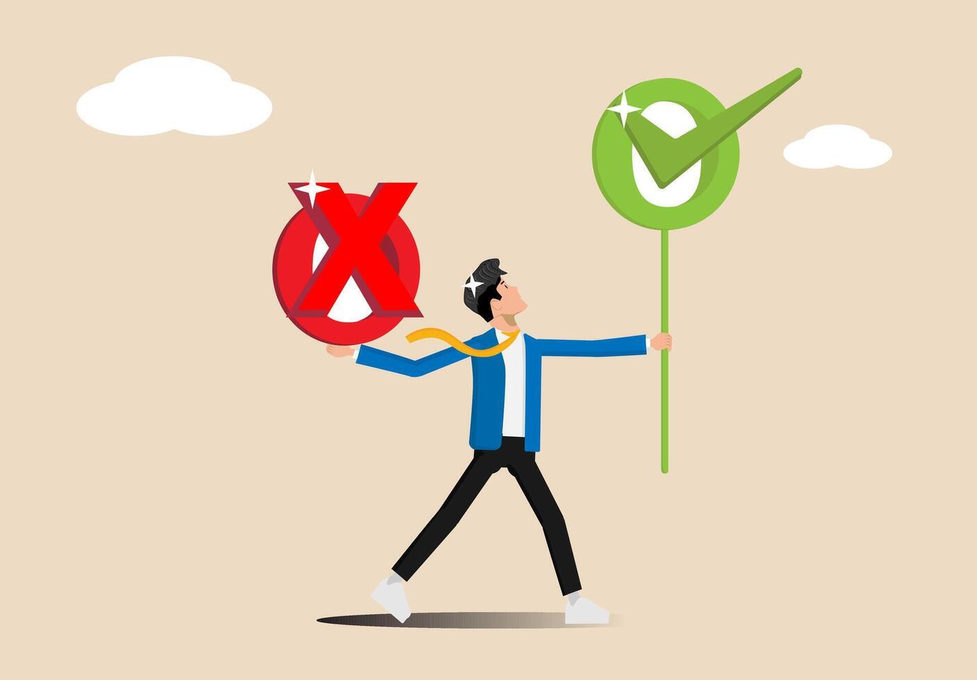 businessman holding up two signs with different symbols vector