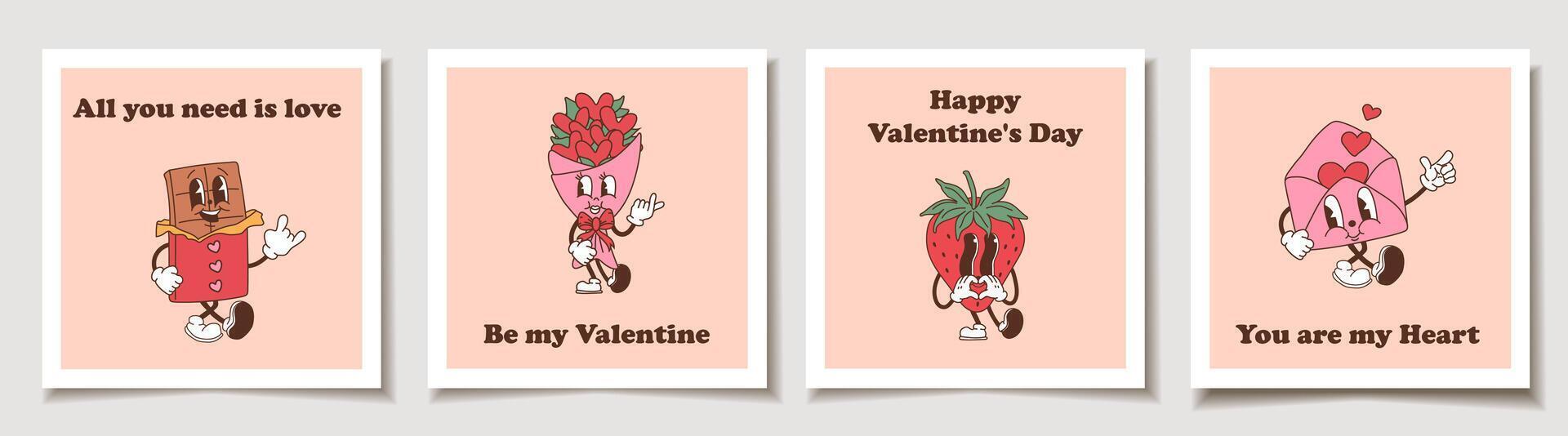 Set of Valentine's day cards with retro cartoon characters designed as Valentine's Day mascots vector