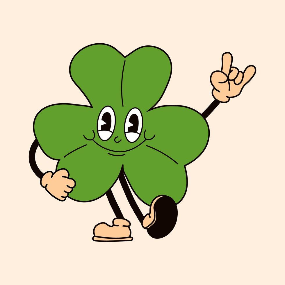 A retro cartoon style green clover designed as a St. Patrick's Day mascot. vector