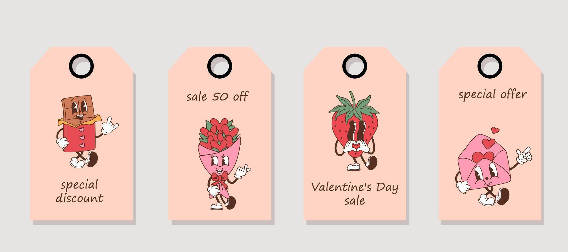 Set of discount price tags. Labels with retro cartoon characters. Love. Valentine's day sale. vector