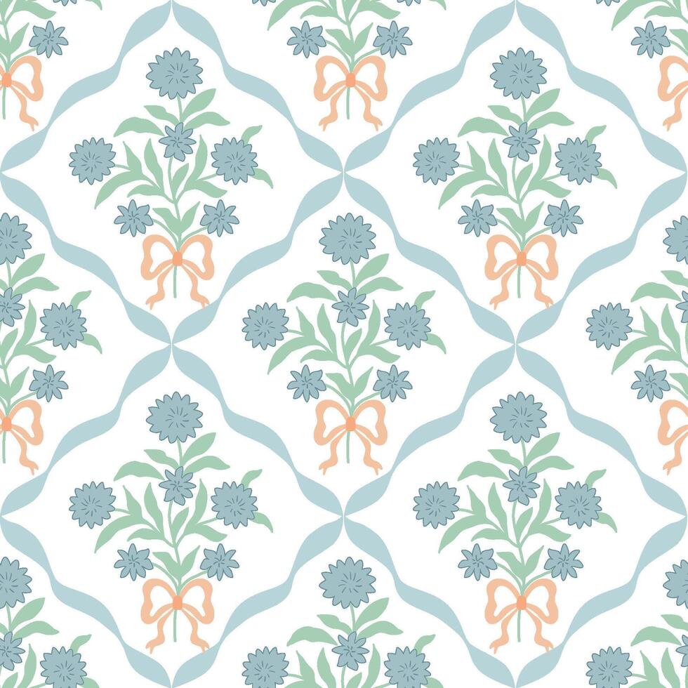 Coquette grandmillennial seamless pattern with gentle flowers and bow, ribbon. Soft blue cottagecore trellis print. Floral wallpaper, retro repeat background, textile design, vintage paper. vector