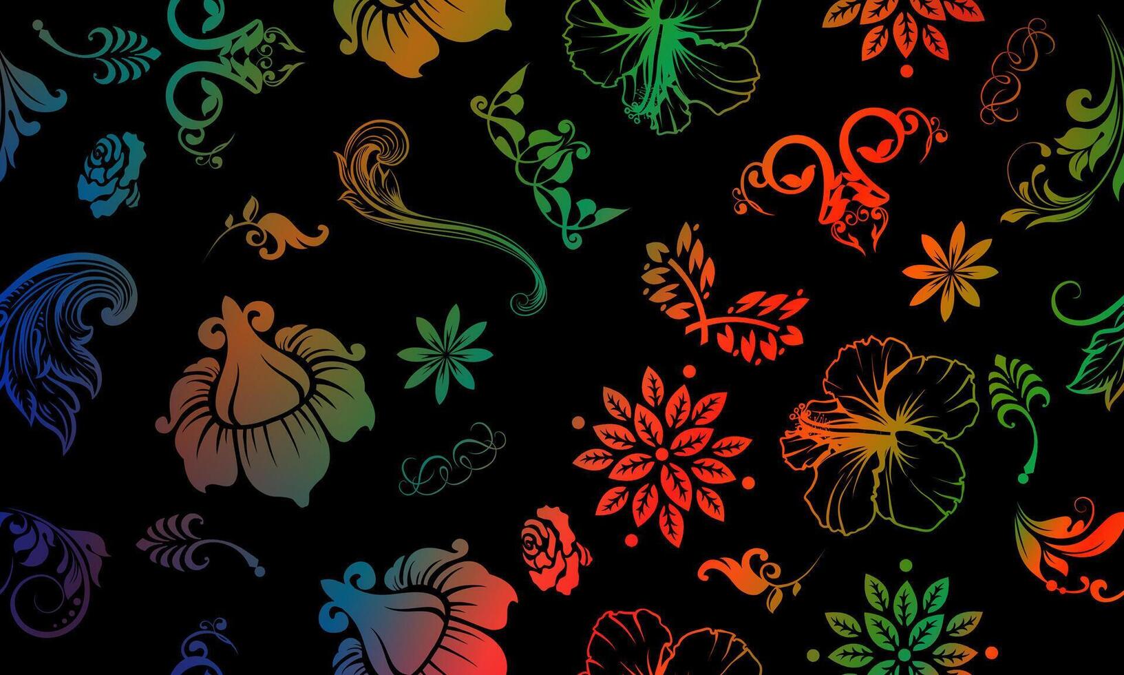 seamless floral black background. colorful leaves and flowers luxury pattern. artistic nature decoration. vector