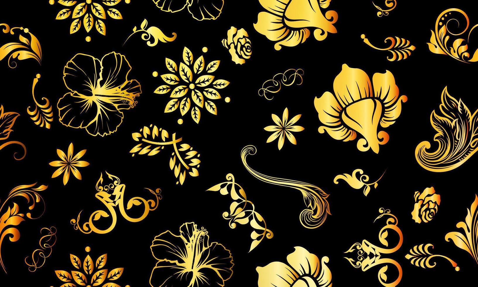 seamless floral black background. golden leaves and flowers luxury pattern. nature artistic decoration. vector
