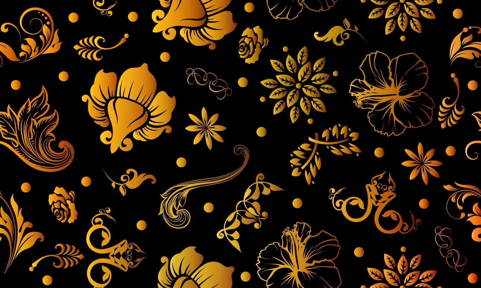 seamless floral black background. golden leaves and flowers luxury pattern. vector