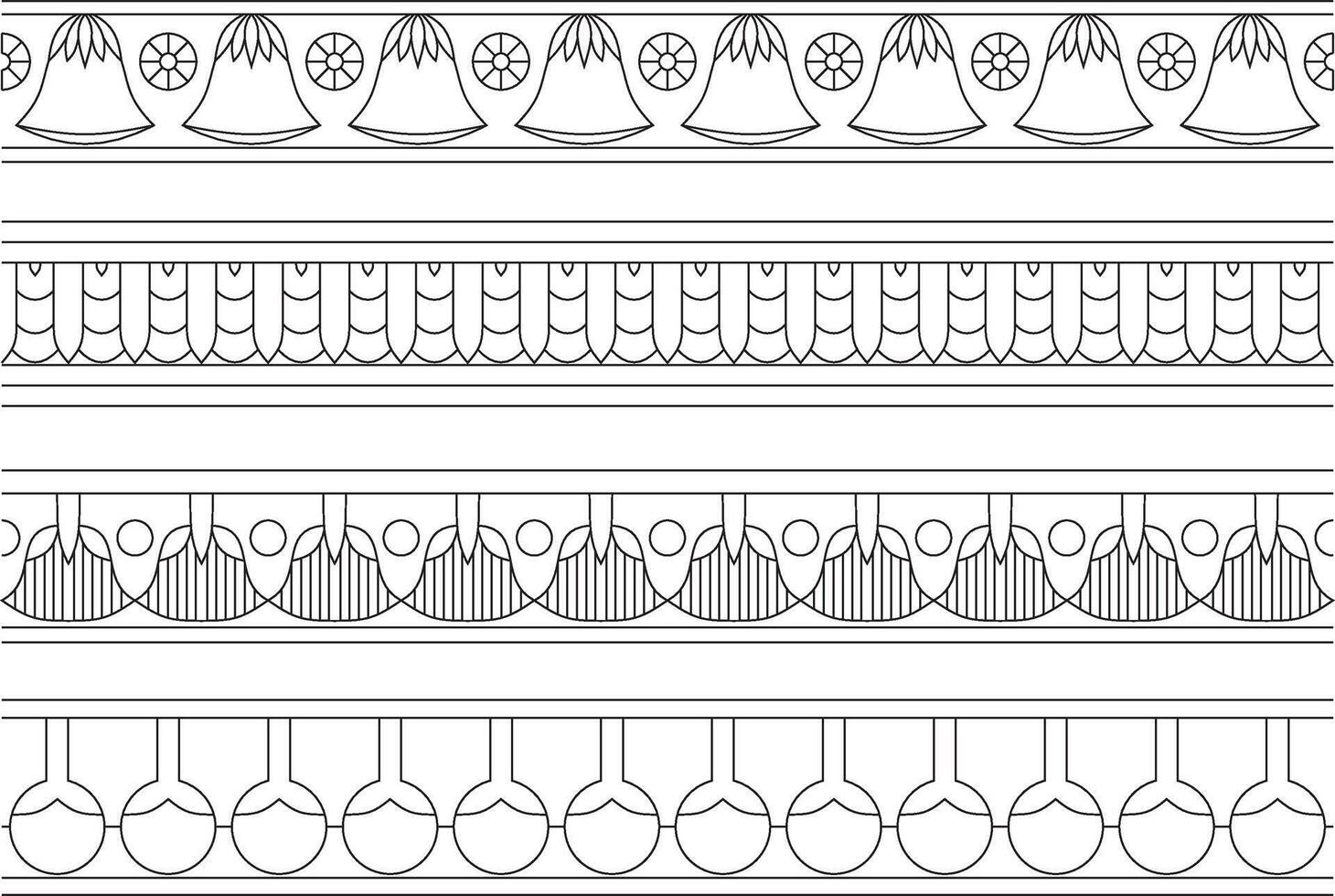 set of black contour seamless Egyptian borders. Endless Ornaments of Ancient Egypt. vector