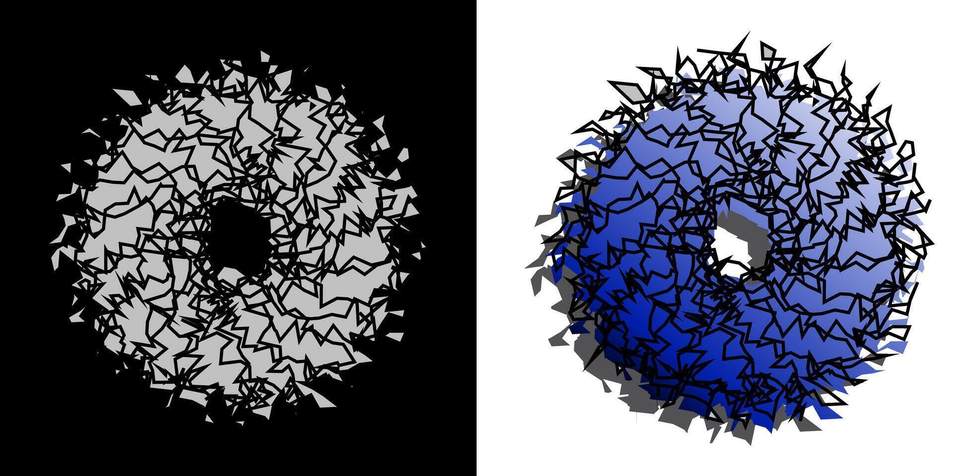 Abstract geometric design with circular pattern. Two circular shapes in grey and blue filled with jagged black lines. The contrast between the two sides creates a striking visual effect. vector